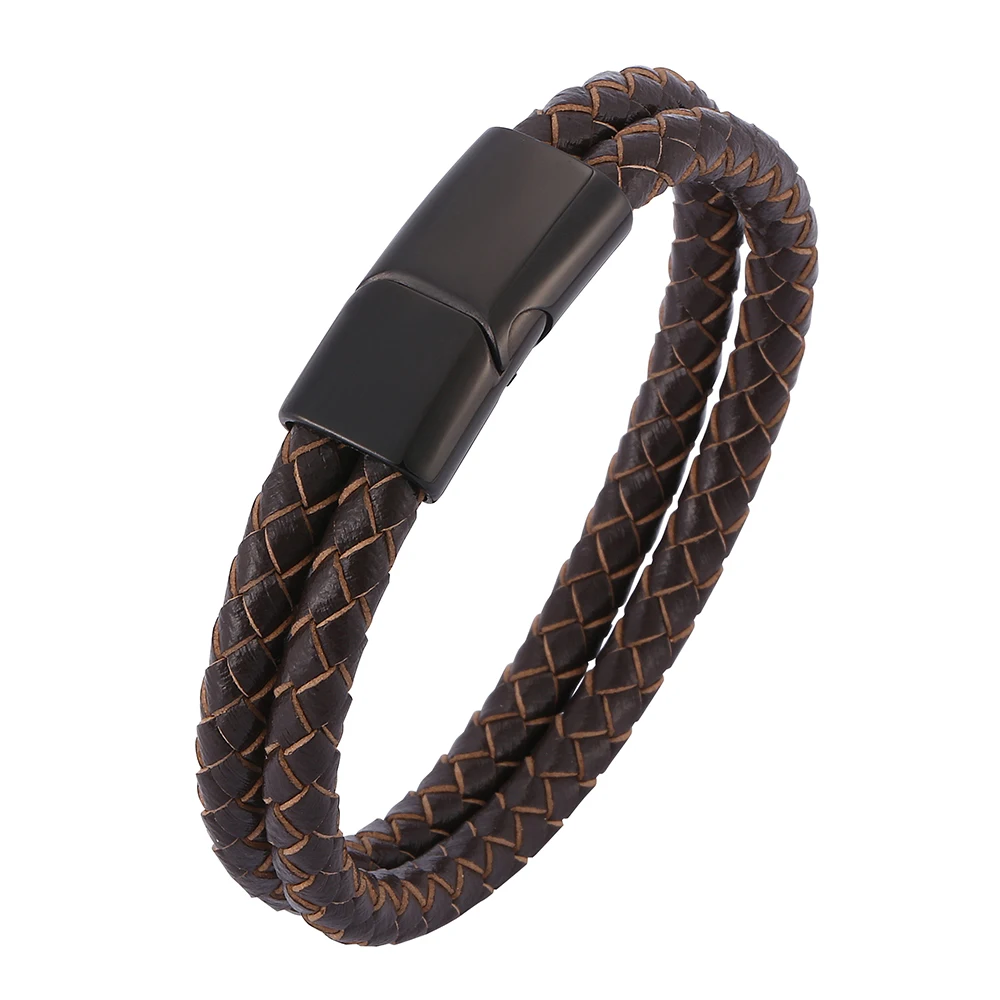

Jewelry Brown Double Braided Leather Rope Bracelet Vintage Stainless Steel Magnetic Clasp Male Wristband Gifts SP0511