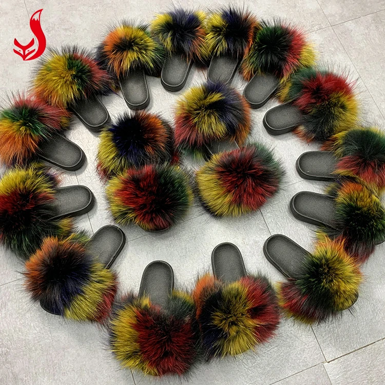 
Wholesale women big real natural fluffy black brown raccoon fur slides slipper for lady and kids 