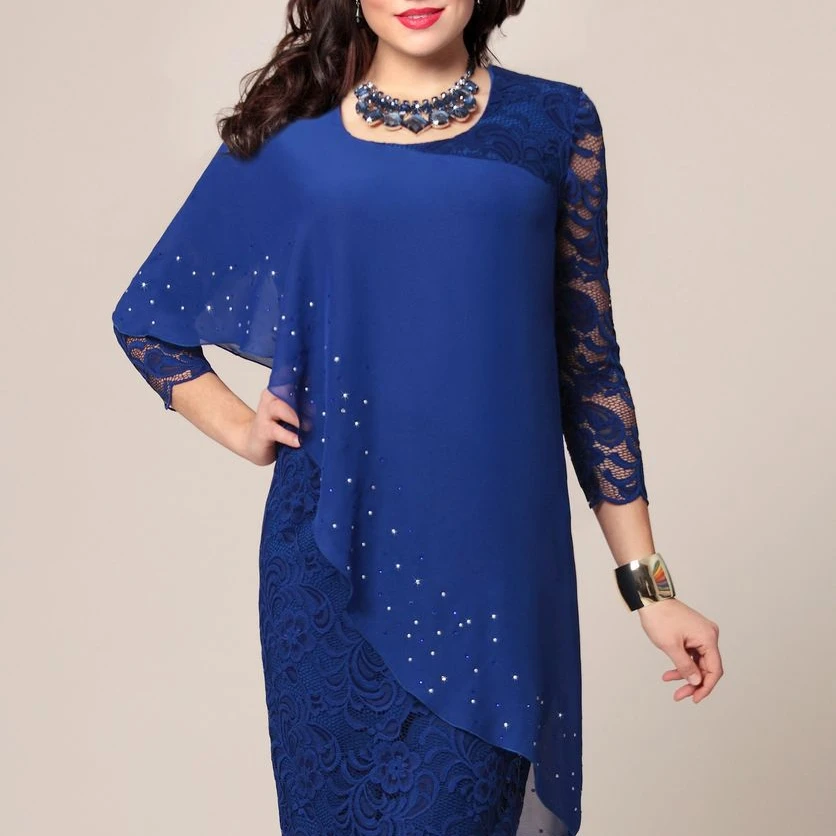 

Solid Color Lace Stitching Elegant Three-quarter Sleeves Slim Fit Casual Plus Size Wholesale Skirt Outfits Set Women Clothing, 3 colors