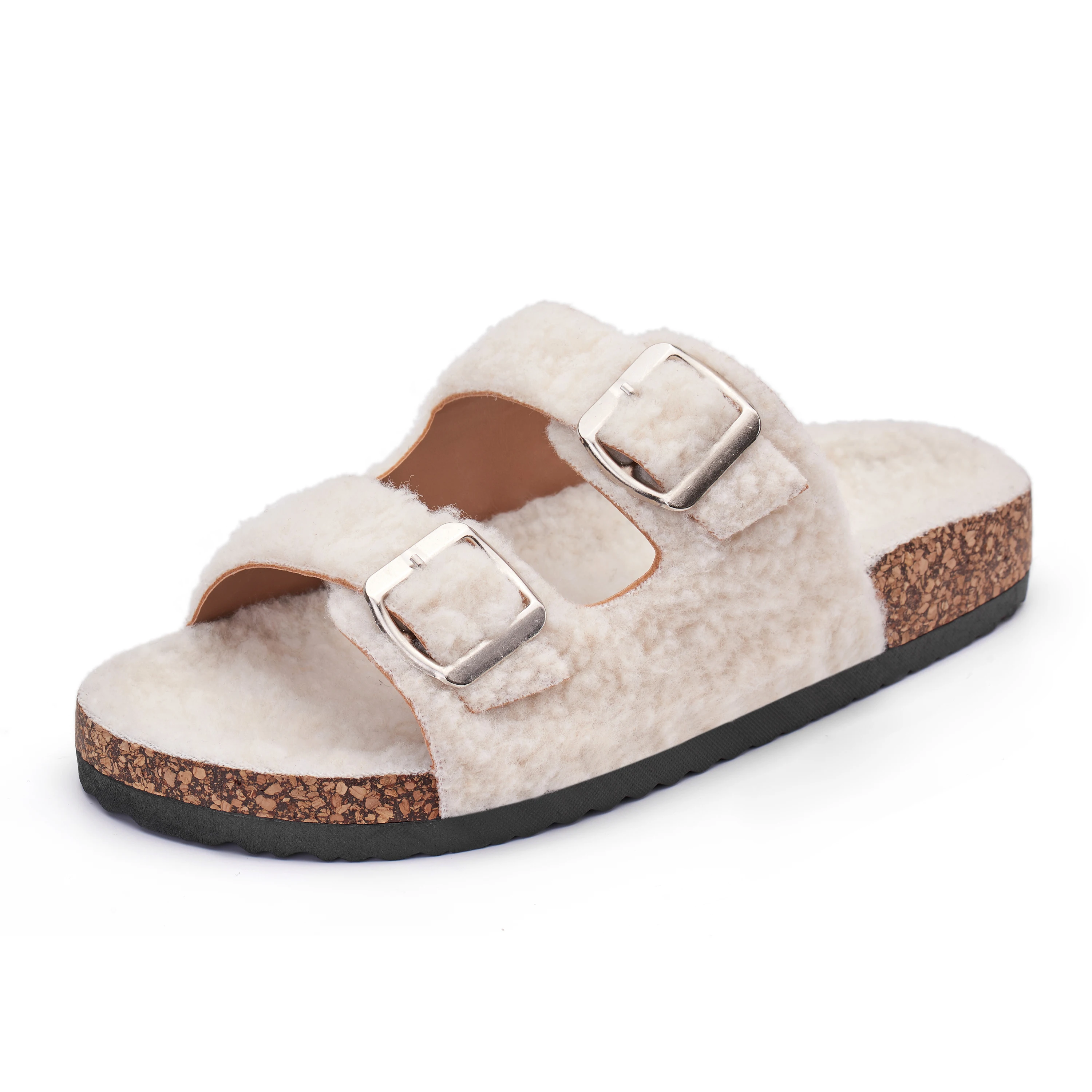 

2022 Mens And Womens Flat Slide Sandals Two Straps Buckle Slip on Slides Arch Support Synthetic Fur Garden Shoes