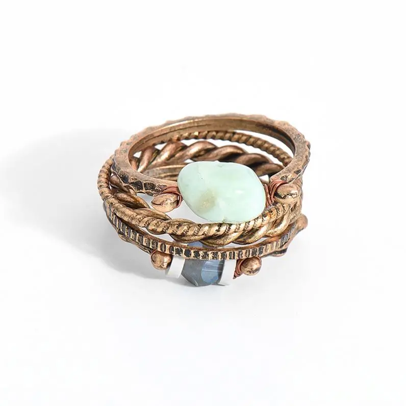 

Vintage natural green stone midi ring set women fashion antique gold & silver open knuckle rings boho jewelry, Anti-gold&silver