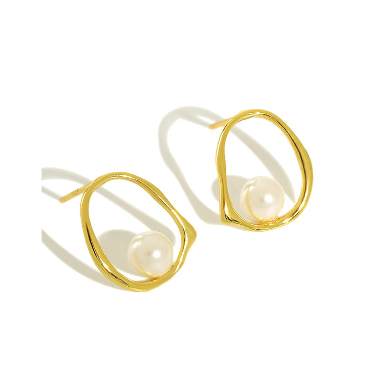 

H-E454 Korean Style Pure Silver Temperament Hollowed Out Irregular Geometric Ring Shell Bead Female Earrings