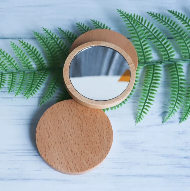 

Portable private logo mini small round fashion wooden bamboo wood custom engraved pocket mirror, Natural