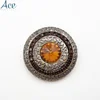 Customized 38mm Silver Plated Rhinestone Embellishments Orange Circle Button for Clothes