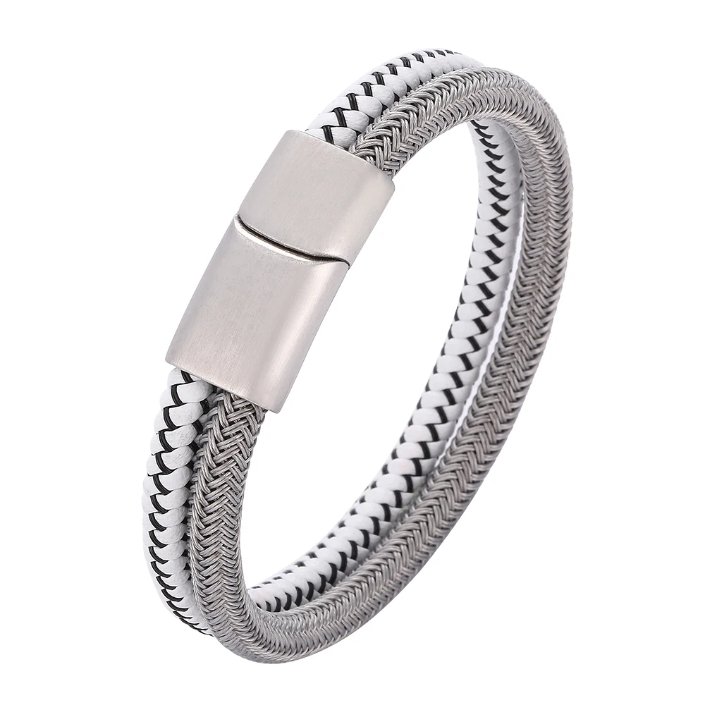 

Double Braided Leather Bracelet for Men Stainless Steel Magnetic Buckle Charm Handmade Wristband Male Jewelry SP1068