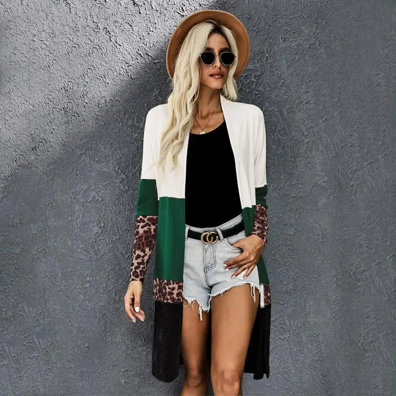 

2021 Hot Sale Full Sleeve Long Leopard Open Knit Cardigan Fall Clothing For Women