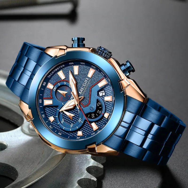 

MEGIR 2065 Mens Watches Quartz Wrist Watches Brand Luxury Stainless Steel Watch Men Waterproof Calendar Chronograph Wristwatch