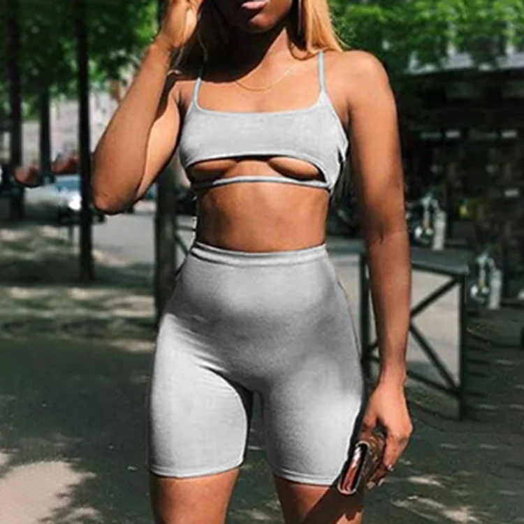 

Plain Gray Spaghetti Strap Bdycon Fitness Two Piece Shorts Set 2020 For Women