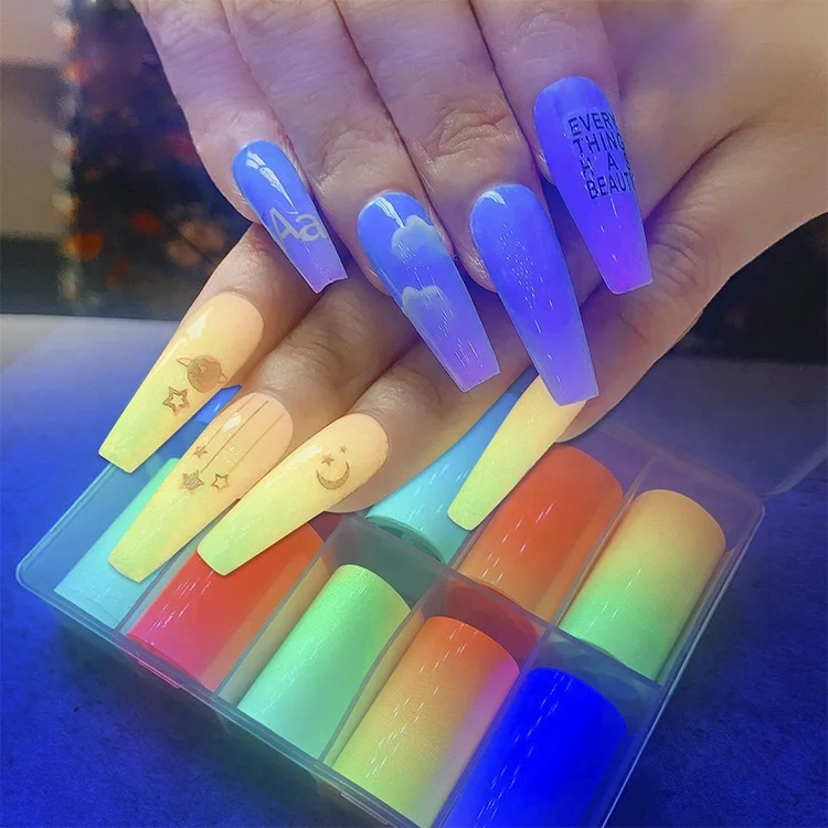 

10 Roll/box Fluorescence Transfer Nail Art Decoration Press On Color Nails Stickers Colorful Holographic Foil For Nails Supplies, As shown