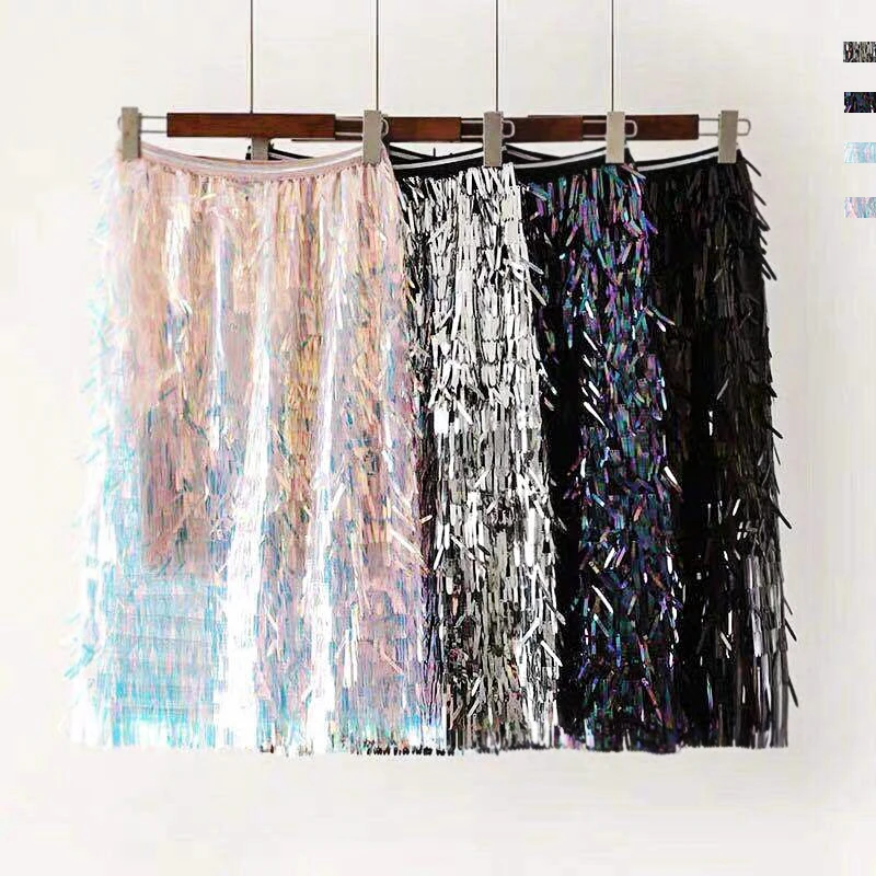 

colorful tassels sequins High Waist Skirt half length skirt heavy industry color bead women long skirt