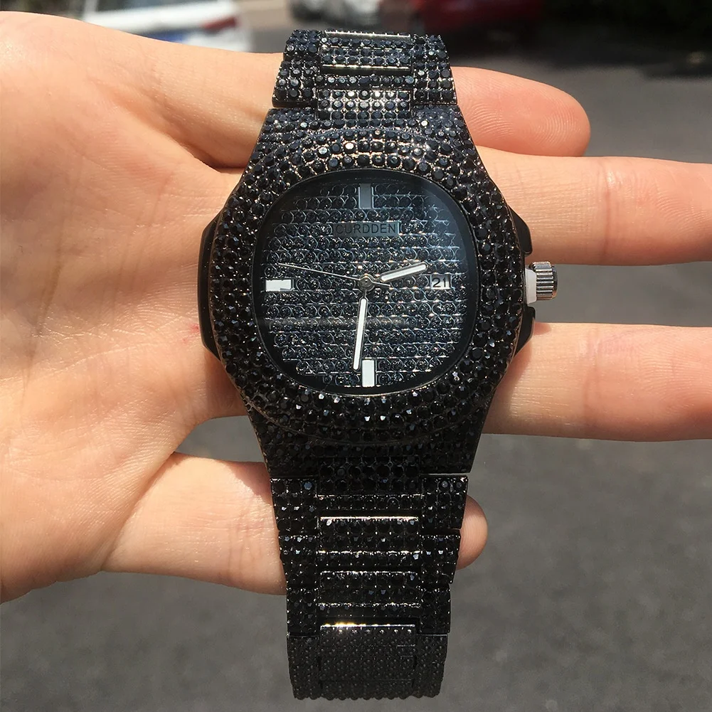 

Bling Black Rhinestone Watch for Man Hip Hop Ice Out Men Watches Quartz Wristwatch