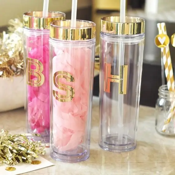 

Gold Bridesmaid Cup 16oz Acrylic Clear Plastic Skinny Tumbler with Lid and Straw Double Wall Tumbler Reusable Cup, Customized colors acceptable