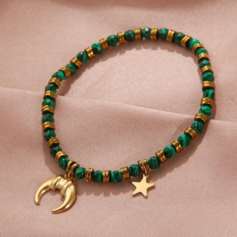 

Amazon Hot Women Gold Plated Anklet Stainless Steel Anklet Jewelry Green Bead Colorful Chain Anklet Moon Pendant Jewelry, Customized color