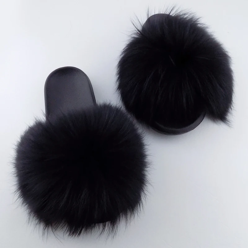 

Big full and fluffy raccoon fur women slippers sandals, Red,blue ,green ,orange ,brown
