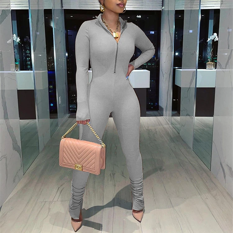 

New Arrivals 2021 Skinny knitted Long Sleeve Split Hem Stacked Bodycon Jumpsuit Women Breathable One Piece Spring Jumpsuits -PT, Red,gray,black,blue,apricot