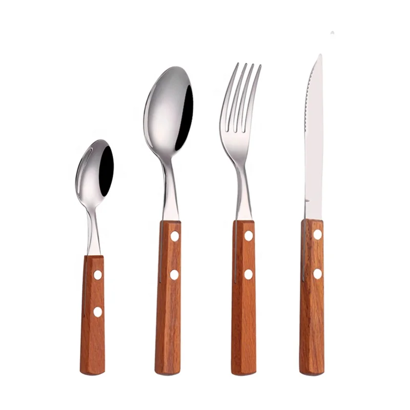 

4-Piece Set Of Stainless Steel Wooden Handle Cutlery Set Spoon Knife And Fork Stainless Steel Silverware Flatware Set