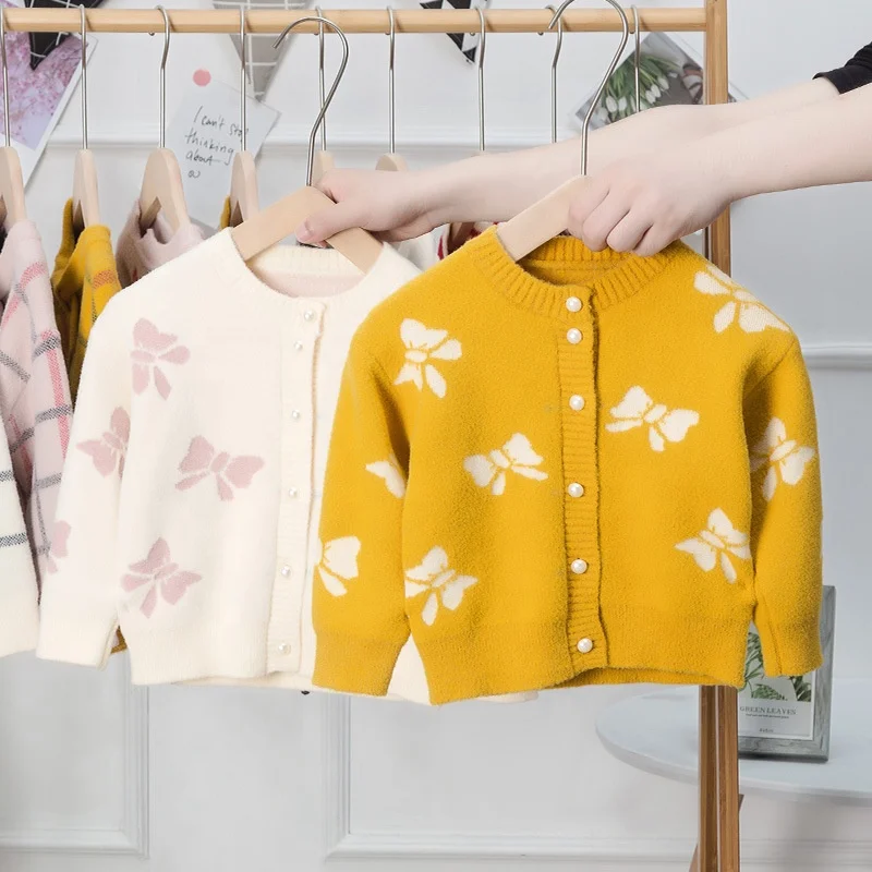 

B60308A Korean version of girls' sweater cardigan bow jacquard children's sable sweater, White/ yellow /pink