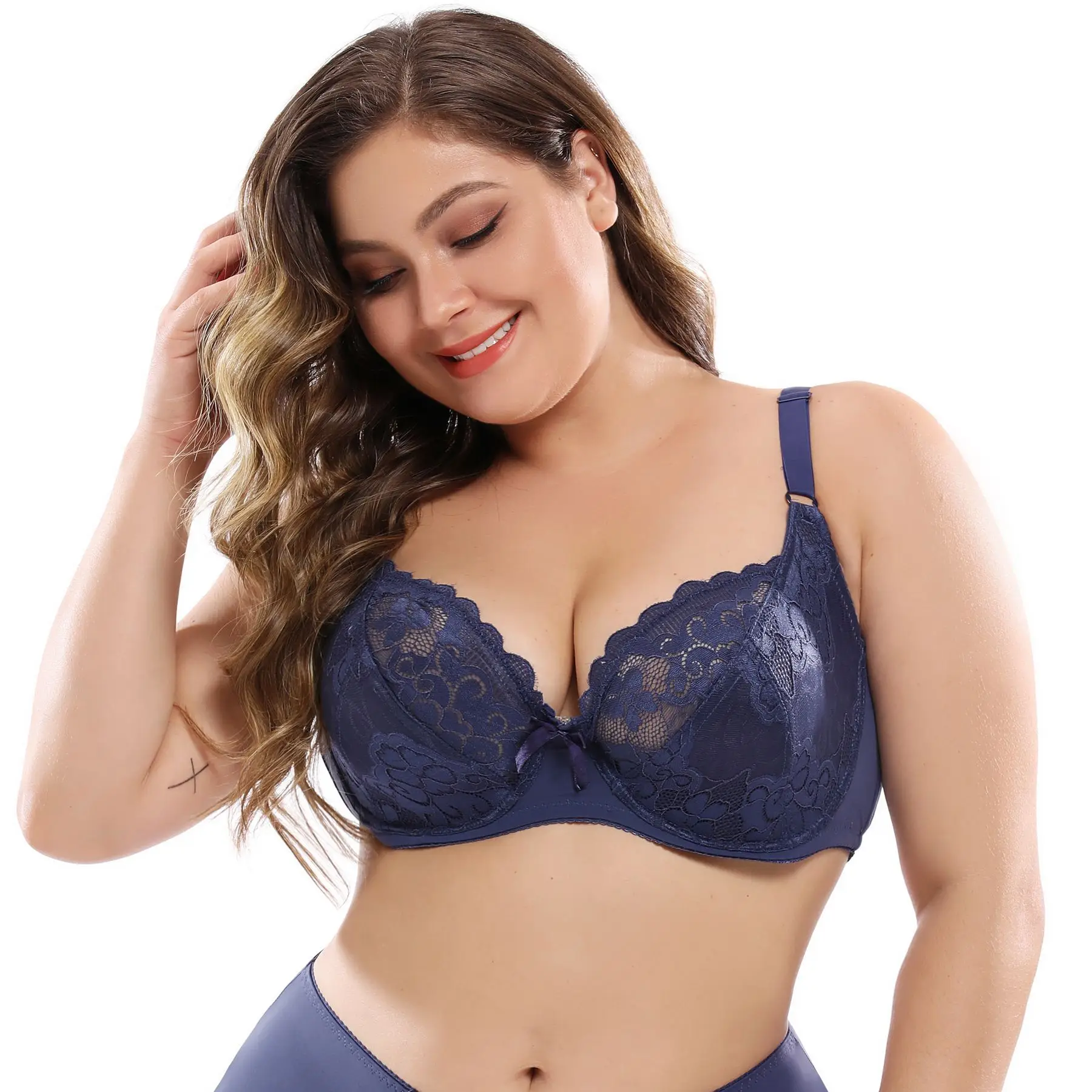 

High Quality Hot Large E Cup Lace Underwire Plus Underwear Adjustment 2 Piece Plus Size Bra And Panties Set, Picture shows