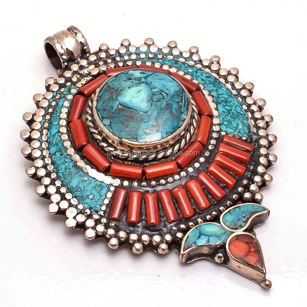 Wonderful Antique Old Tibetan Silver Pendant offers With Natural Turquoise and Coral