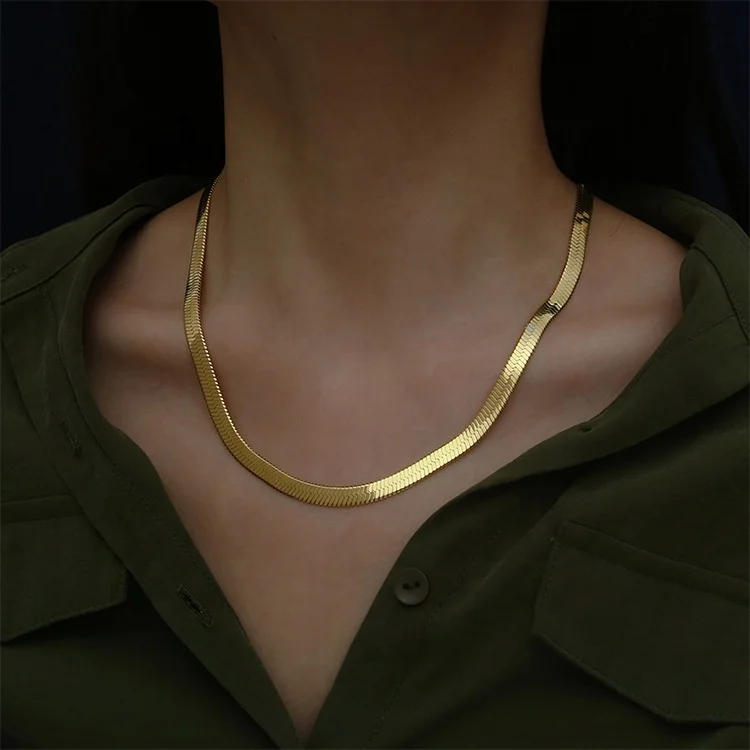 

2021 High Quality Women Jewelry Stainless Steel Gold Plated Herringbone 18K 24K Necklace Chain Thick Snake Choker, Gold,silver