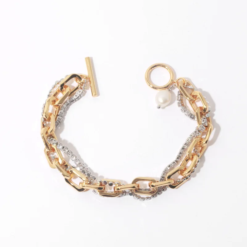 

Multilayer Gold Brass Chain OT Bracelet Genuine Gold Plated Link Pearl Charm Bracelet Silver Flat Beads Chain CZ Tennis Bracelet