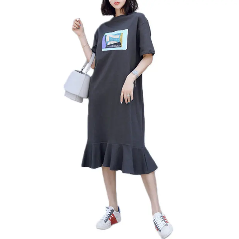 

Hot sale casual cotton t shirt dress summer long skirt women clothing loose oversized graphic print ruffles midi dresses