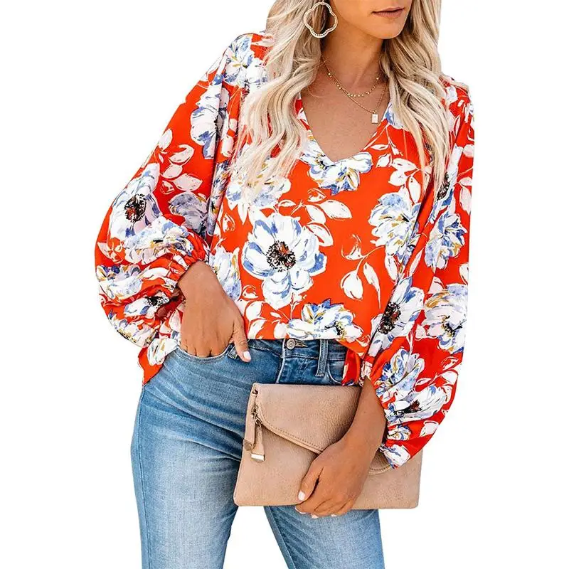 

New Fashion Hot Selling V Neck Long Balloon Sleeve Boho Print Casual Ladies Tops Blouse