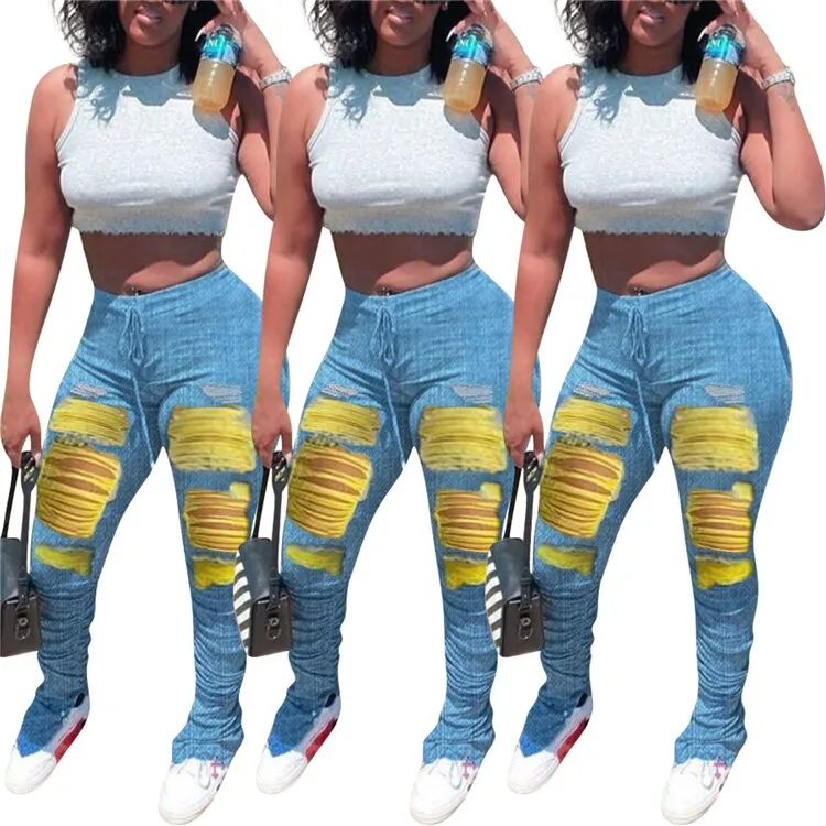

M623 latest design stacked denim jeans pants women high waist trousers