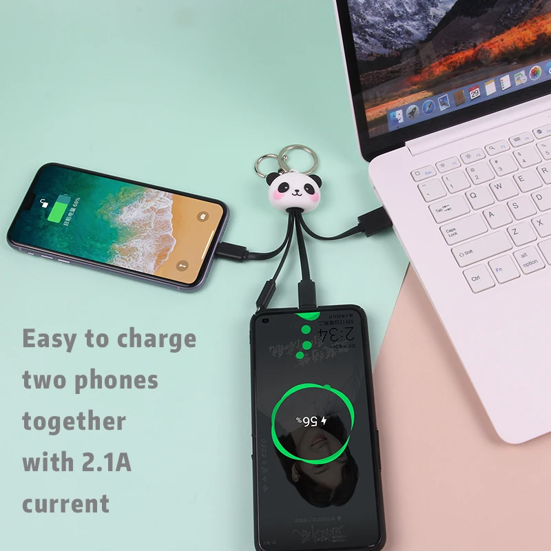 
Panda Sloth Usb 3 in 1 cable Multi Functional Charging Keyring Cable Mobile Phone Type C Fast Keychain Charger Cable 