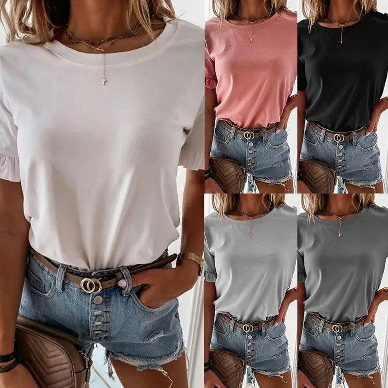 

2021 Korean Fashion Clothes Summer Ruffles Short Sleeve Women T Shirt Knitted Tops Tees Ladies White Black Slim Tshirt Elegant