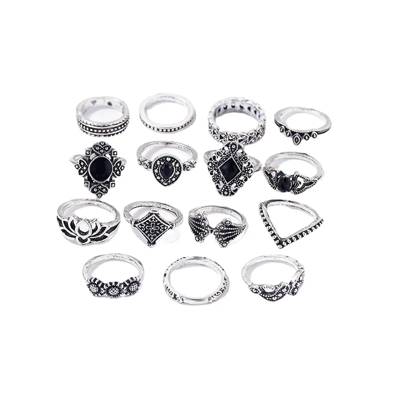 

15PCS/SET Boho Vintage Hollow Rings Set For Women Crystal Finger Ring Female Bohemian Jewelry Gifts Vintage Ring