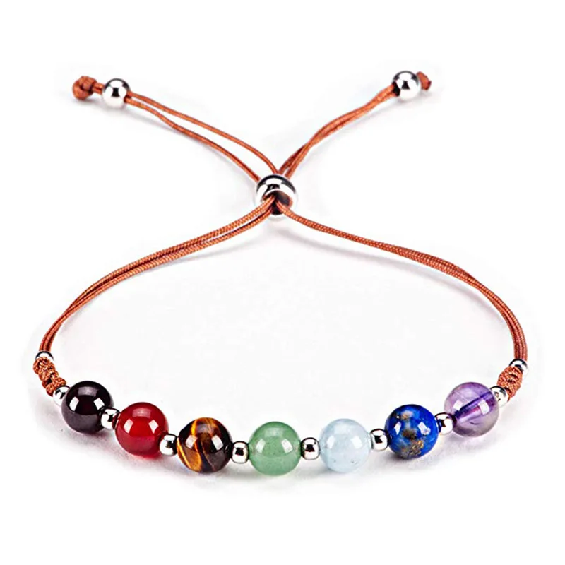 6mm Natural Gemstone Chakra Adjustable Nylon Cord Silver Spacers Bracelet For Womens