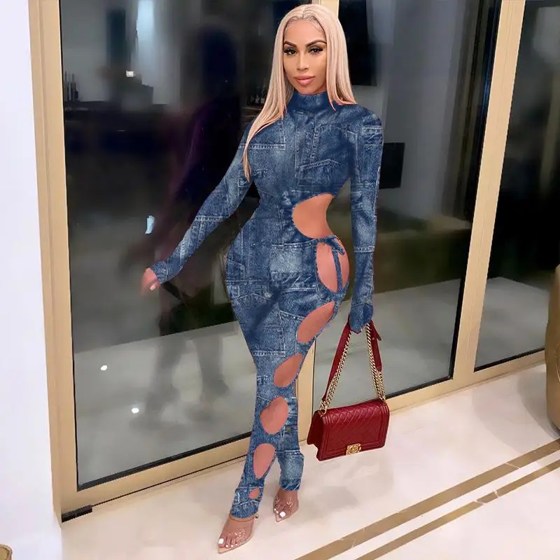 

Autumn Apparel Women 2021 High Quality Long Sleeve Printing Side Open Bandage Bodycon Sexy One Piece Jumpsuits And Rompers