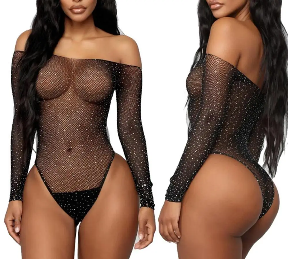 

2021 Hot New Design Women Transparent Black Shiny Sequin Sheer Mesh Bodysuit Off Shoulder Sexy Rhinestone Lingerie, White, black, red, blue, pink, yellow, rose red, fluorescent pink