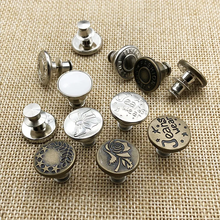 

Custom Letter Logo Metal Without Nail Adjustable Detachable Big Studless Shank Jeans Button With Logo, Shiny silver, gun metal, gold, anti-brass, etc.