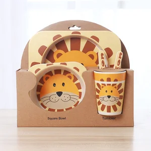 Image of Biodegradable Bamboo Dinnerware Set for Kids Cartoon Animal Pattern Dinner Sets Unbreakable Tableware