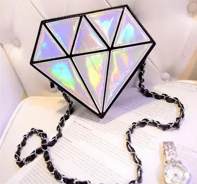 

New Metallic Silver Diamond holographic bag diamond shape women messenger laser bags crossbody chain bag