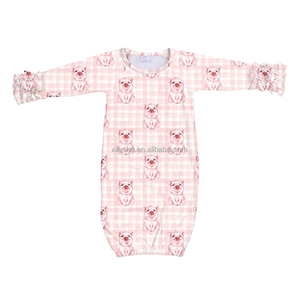 

Bulk Wholesale Icing Ruffle Long Sleeve Cute Pig Print Newborn Baby Girl Gowns, Picture