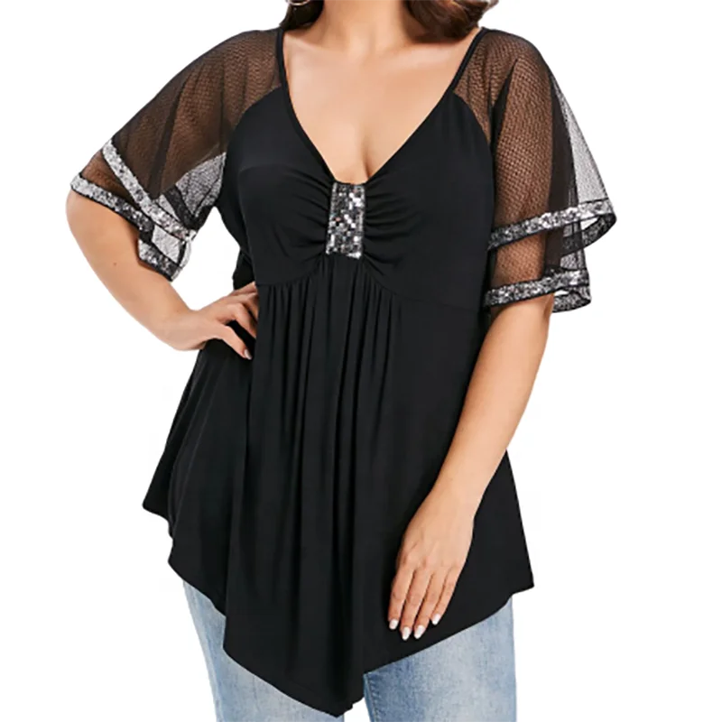 

2020 Best seller short sleeve V-collar custom lace women t shirt, 4 colors