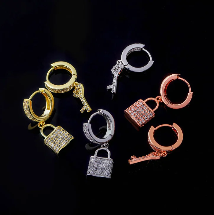 

jialin jewelry 2020ins Hot Sale iced out Hip Hop cubic zircon 18k real gold plated English lock and key earrings