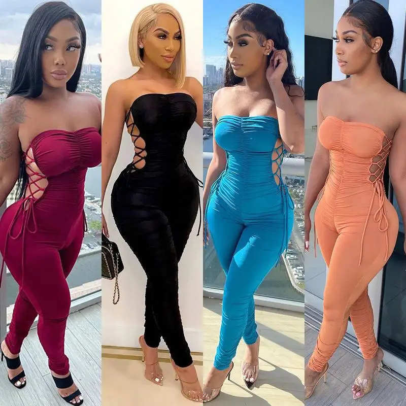 

2021 Nightclub Wear Women Sexy Off-shoulder Jumpsuit Strapless Solid Side Bandage Hollow Out Women Ruched Pleated Jumpsuits