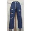 Women blue denim joggers jeans with sporty style and elastic waistband