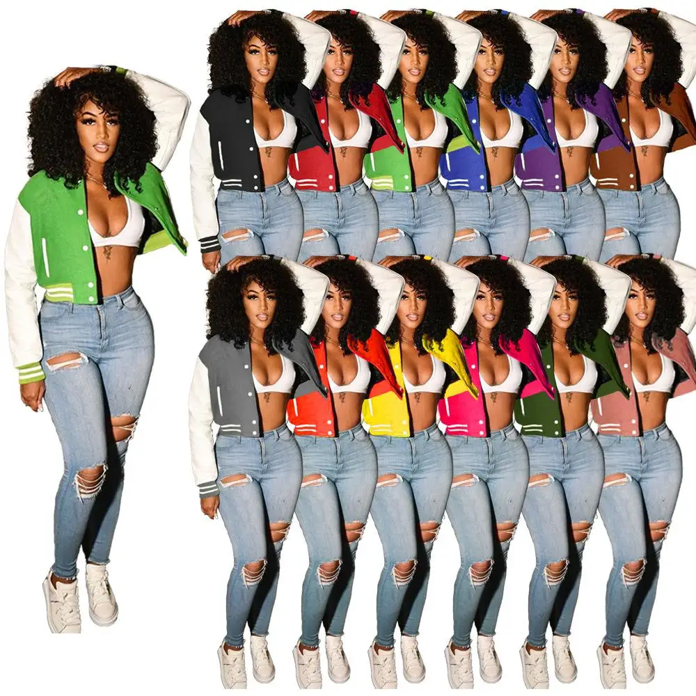 

2021 Amazon Popular Women's Baseball Uniform Jackets Round Neck Long-sleeved Single-breasted Jacket Fall Casual Jacket Coats