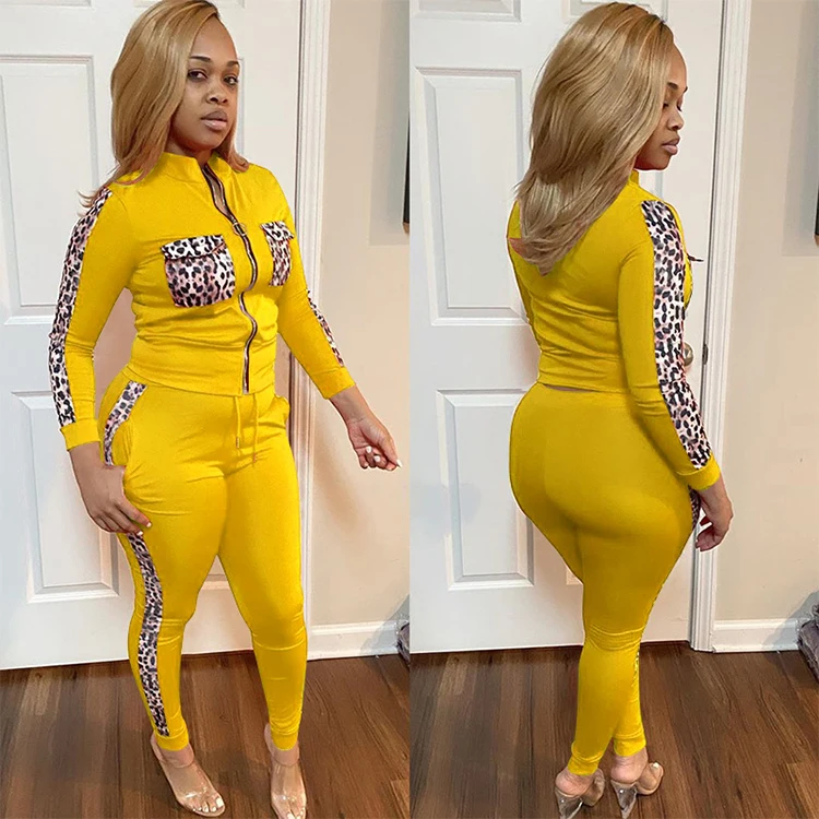 

2021 Spring Women Clothing Leopard Patchwork Plus Size Tracksuits For women Oversized Jogger 2 Piece Set Two Piece Sets Outfits, Black,yellow,wine red,blue