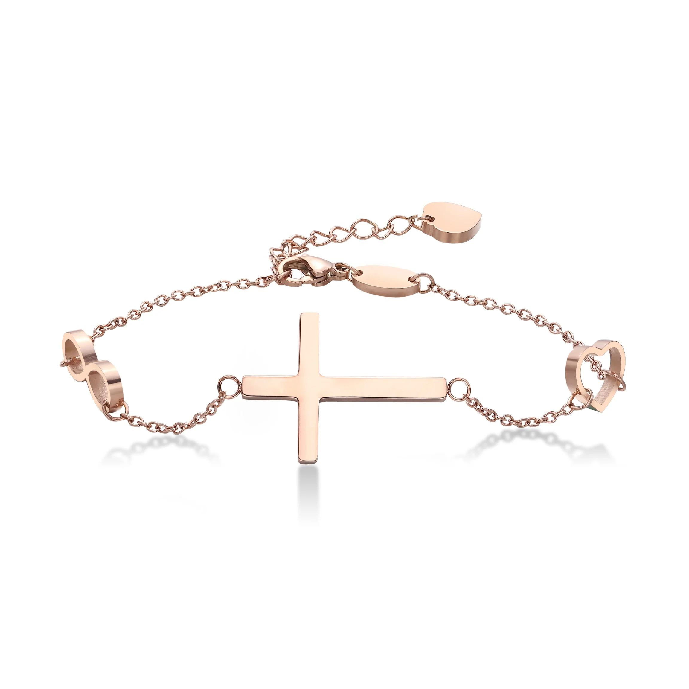 

Rose gold Women Peach heart Bracelets Chain Bangle cross Bracelet, Steel color/rose gold