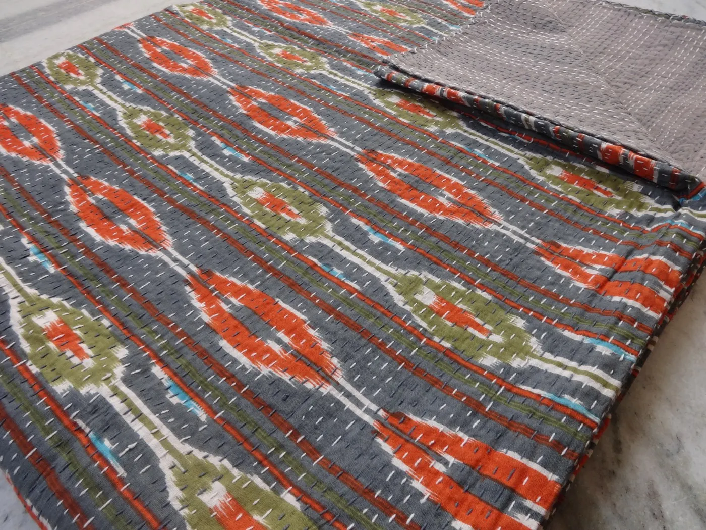 Kantha Cotton Handmade Quilts,Ikat,Tropical,Printed,Hand Block Printed
