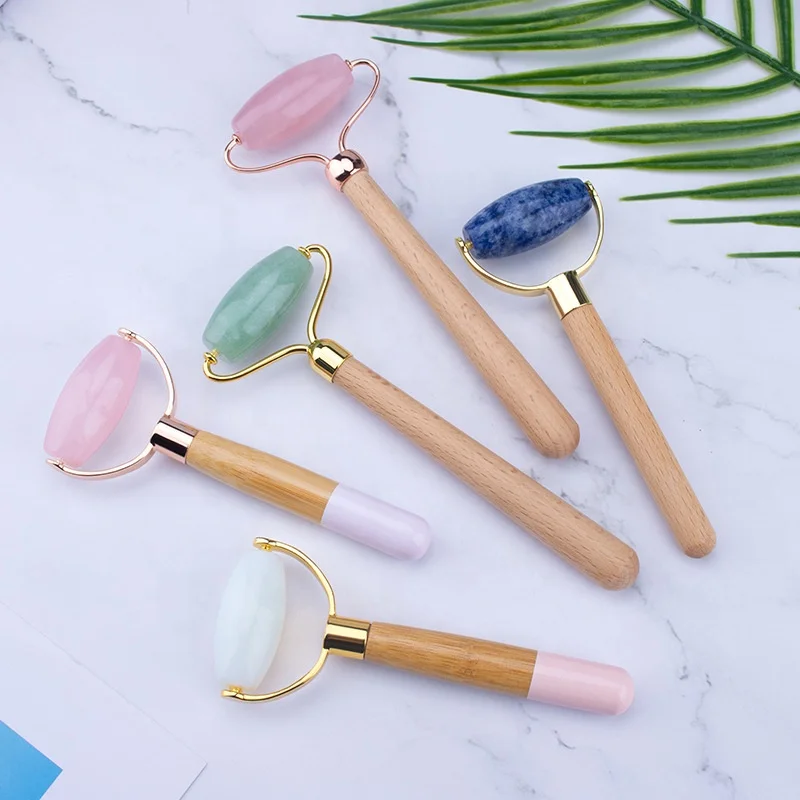 

Natural Facial Anti Aging Pink Jade Roller Wooden Handle Single Head Jade Facial Roller Natural Beauty Skin Care Massager