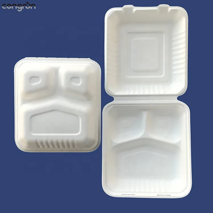 
Compostable Biodegradable sugarcane paper pulp 3 compartment food boxes with lid 