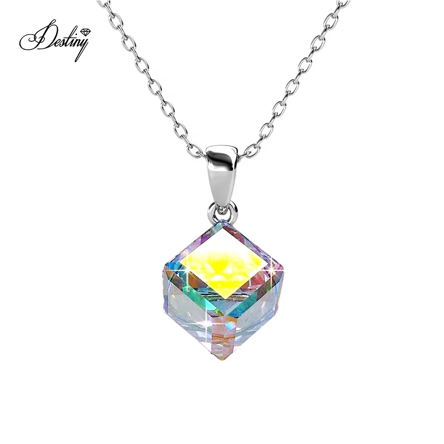 

Premium Austrian Crystal Jewelry Sterling Silver / Brass Colorful Classic Cube Pendant Tiny Necklace For Women Destiny Jewellery, Bremuda blue / ab crystal
