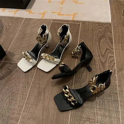 

WETKISS Fashion Stiletto High Heel Women Shoes Elegant Square Sandals With Chain, Black,white,beige,red,blue